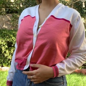 pink and white cardigan